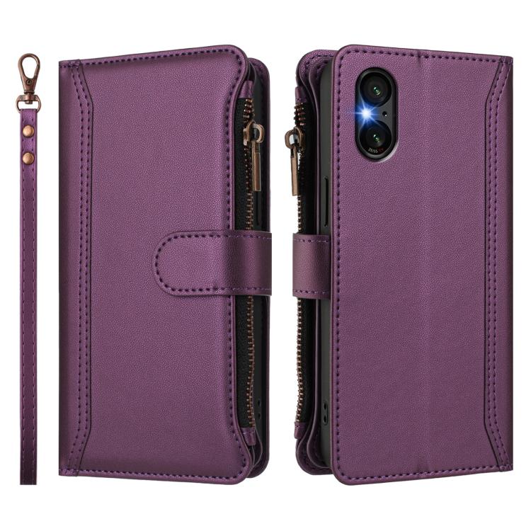 For Sony Xperia 5 VI Magnetic Closure 9 Card Slots Zipper Leather Case with Hand Strap