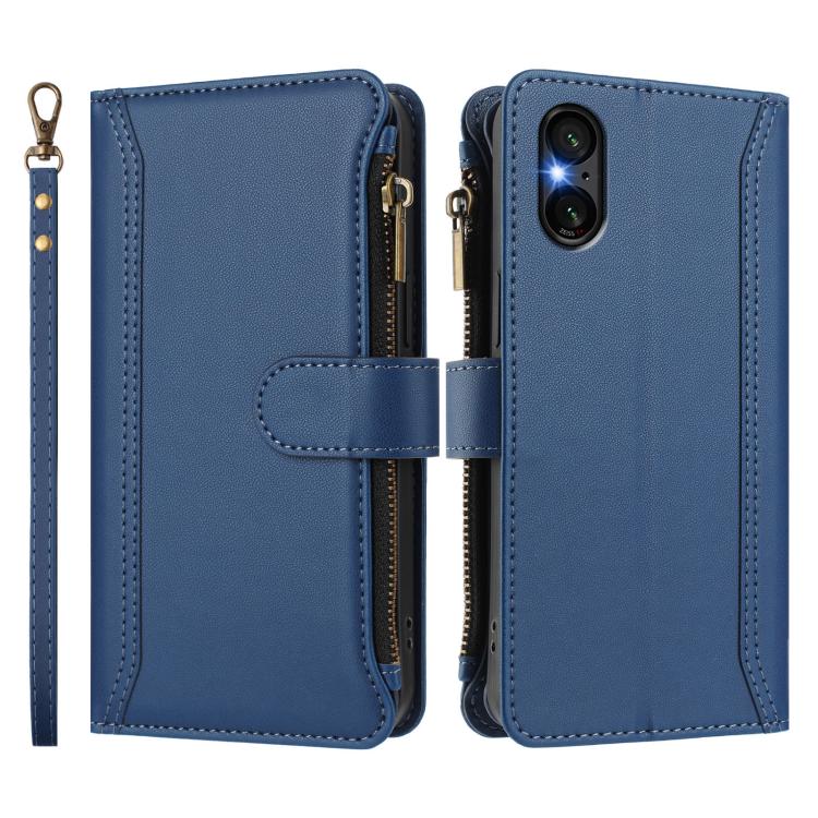 For Sony Xperia 5 VI 2024 Magnetic Closure 9 Card Slots Zipper Leather Case with Hand Strap