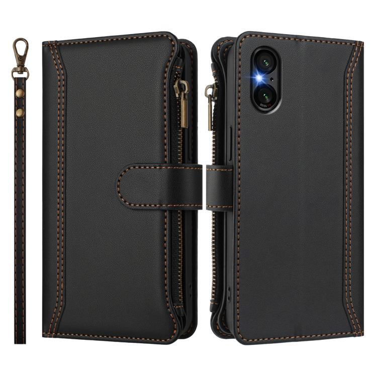 For Sony Xperia 5 VI 2024 Magnetic Closure 9 Card Slots Zipper Leather Case with Hand Strap