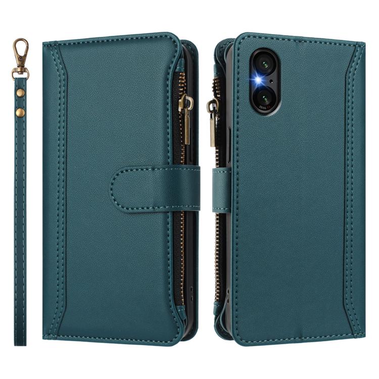 For Sony Xperia 5 VI 2024 Magnetic Closure 9 Card Slots Zipper Leather Case with Hand Strap