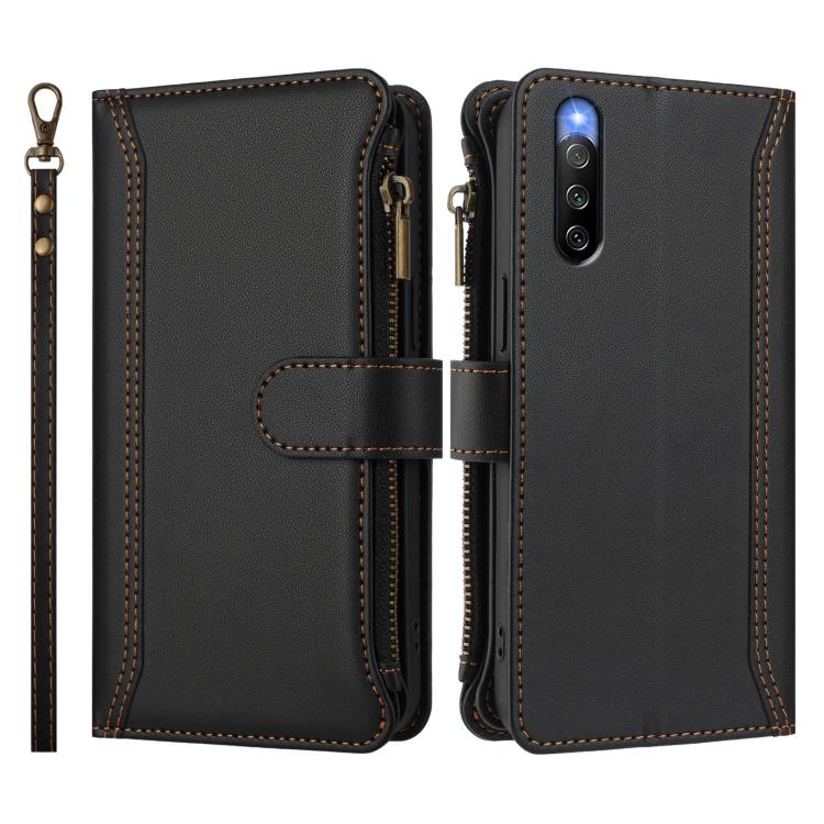 For Sony Xperia 10 IV Magnetic Closure 9 Card Slots Zipper Leather Case with Hand Strap