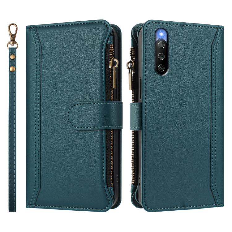 For Sony Xperia 10 IV Magnetic Closure 9 Card Slots Zipper Leather Case with Hand Strap