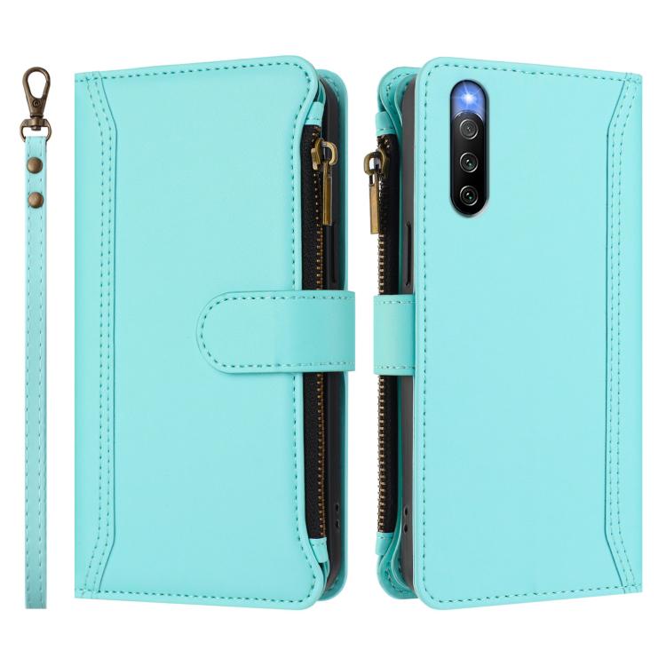 For Sony Xperia 10 IV Magnetic Closure 9 Card Slots Zipper Leather Case with Hand Strap
