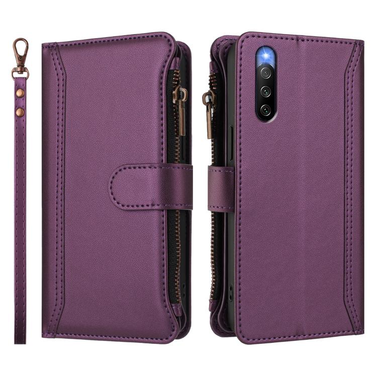 For Sony Xperia 10 IV Magnetic Closure 9 Card Slots Zipper Leather Case with Hand Strap