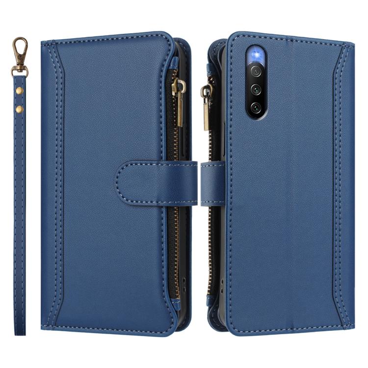 For Sony Xperia 10 V 2023 Magnetic Closure 9 Card Slots Zipper Leather Case with Hand Strap
