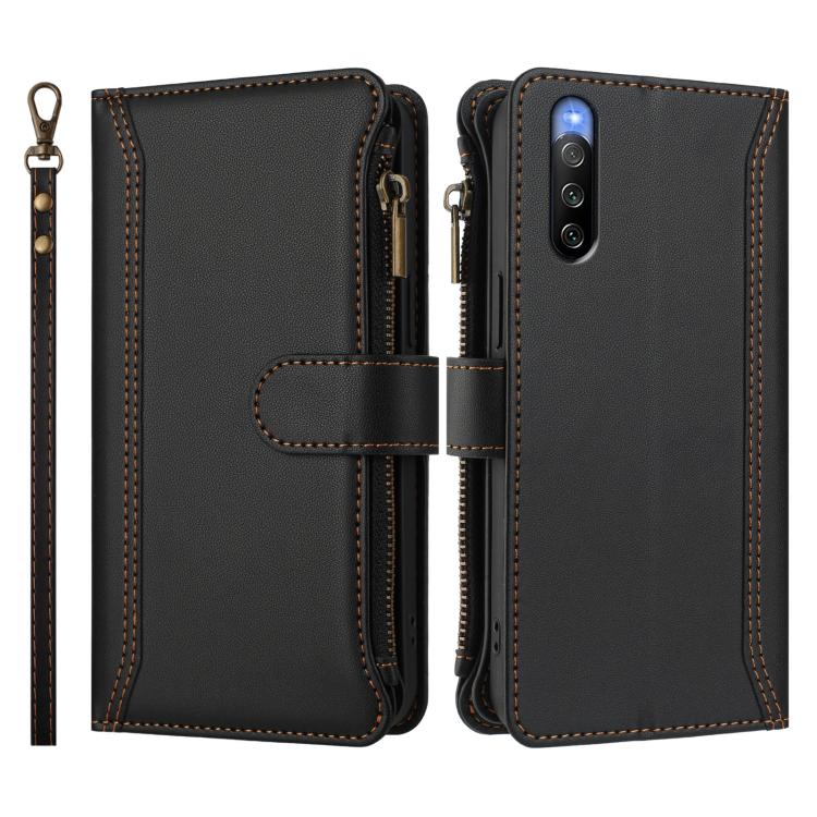 For Sony Xperia 10 V 2023 Magnetic Closure 9 Card Slots Zipper Leather Case with Hand Strap