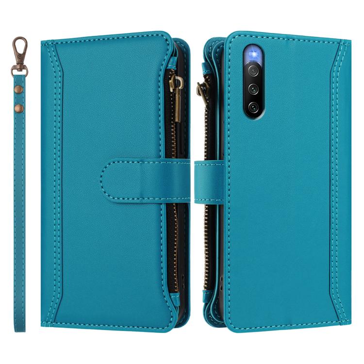 For Sony Xperia 10 V 2023 Magnetic Closure 9 Card Slots Zipper Leather Case with Hand Strap