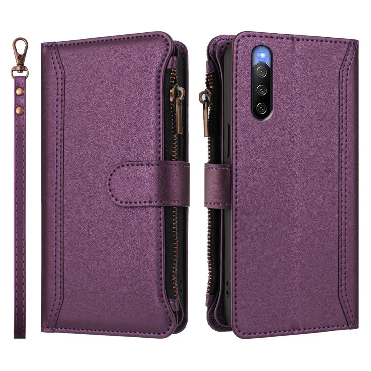For Sony Xperia 10 V 2023 Magnetic Closure 9 Card Slots Zipper Leather Case with Hand Strap