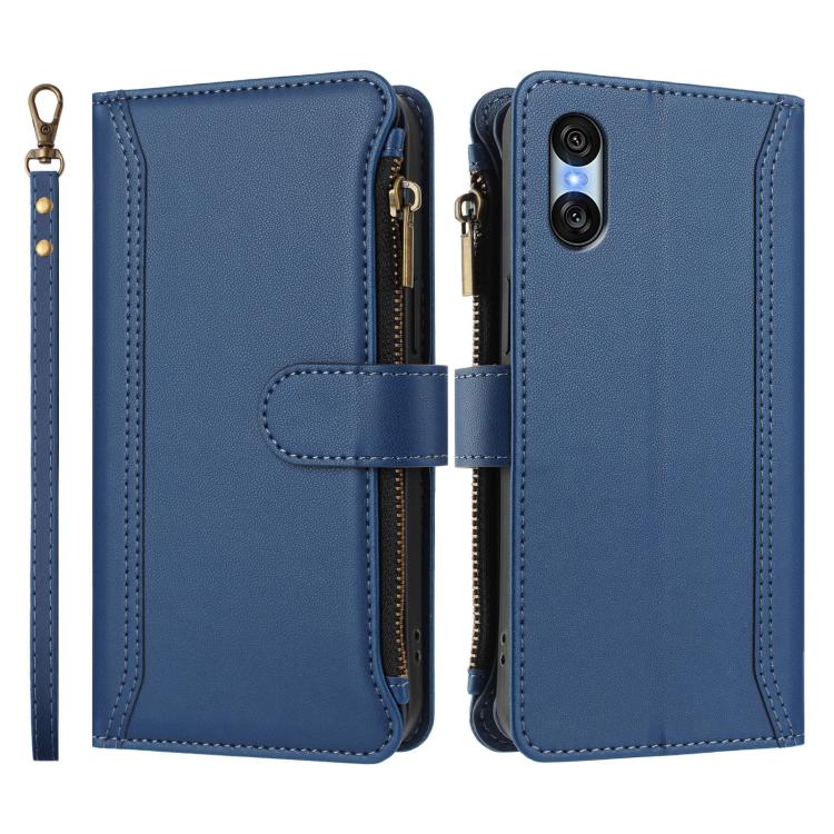 For Sony Xperia 10 VI 2024 Magnetic Closure 9 Card Slots Zipper Leather Case with Hand Strap