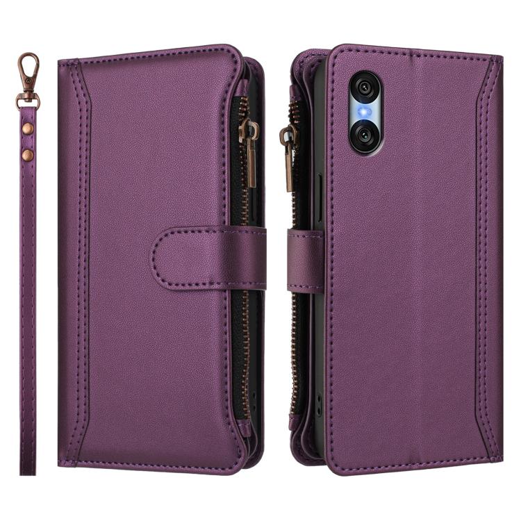 For Sony Xperia 10 VI 2024 Magnetic Closure 9 Card Slots Zipper Leather Case with Hand Strap