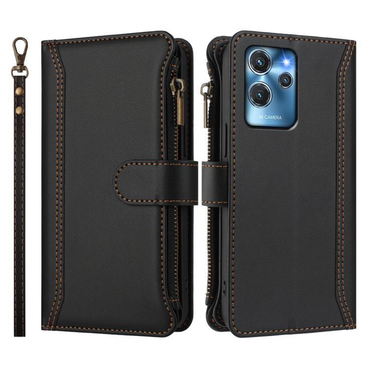 For Oukitel C32 Magnetic Closure 9 Card Slots Zipper Leather Case with Hand Strap
