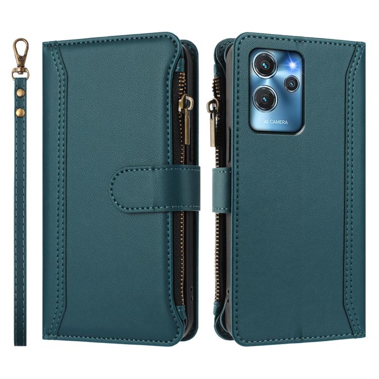 For Oukitel C32 Magnetic Closure 9 Card Slots Zipper Leather Case with Hand Strap