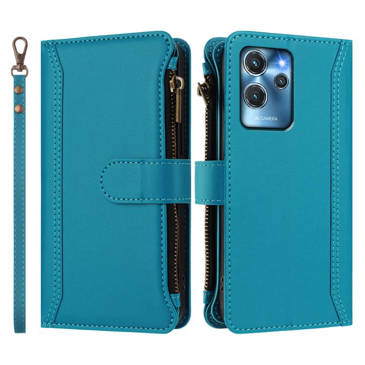For Oukitel C32 Magnetic Closure 9 Card Slots Zipper Leather Case with Hand Strap
