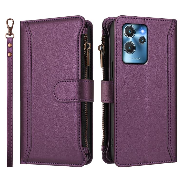 For Oukitel C32 Magnetic Closure 9 Card Slots Zipper Leather Case with Hand Strap