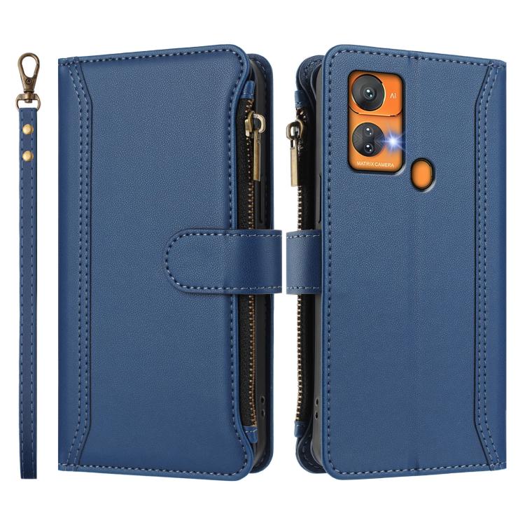 For Oukitel C33 Magnetic Closure 9 Card Slots Zipper Leather Case with Hand Strap