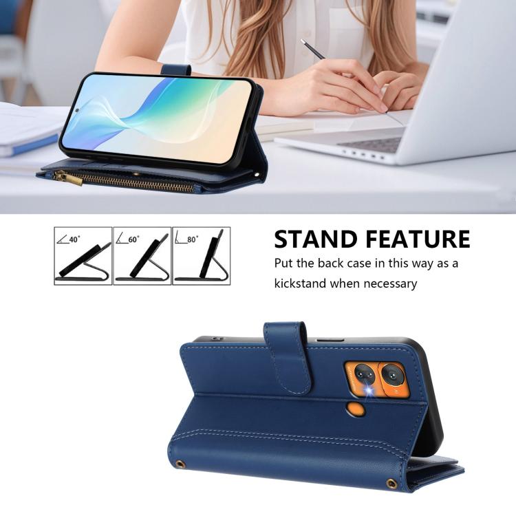 For Oukitel C33 Magnetic Closure 9 Card Slots Zipper Leather Case with Hand Strap
