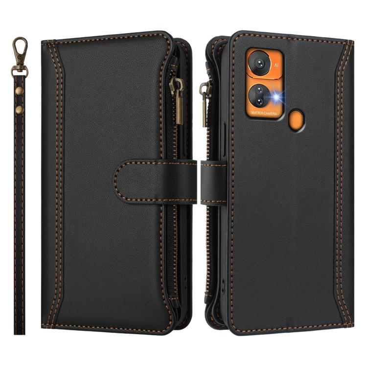 For Oukitel C33 Magnetic Closure 9 Card Slots Zipper Leather Case with Hand Strap