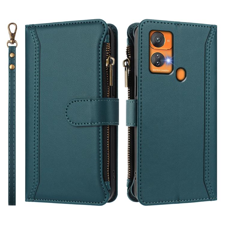 For Oukitel C33 Magnetic Closure 9 Card Slots Zipper Leather Case with Hand Strap