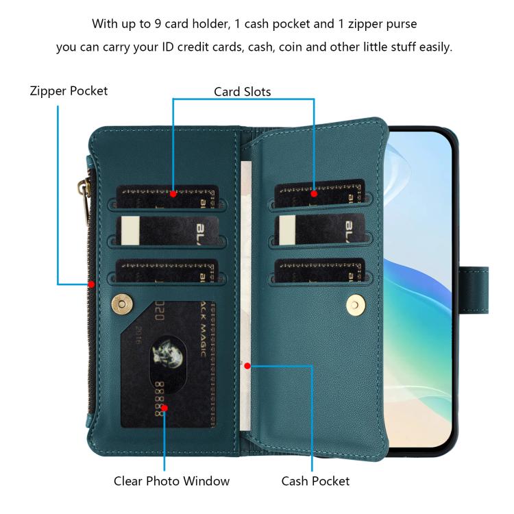 For Oukitel C33 Magnetic Closure 9 Card Slots Zipper Leather Case with Hand Strap