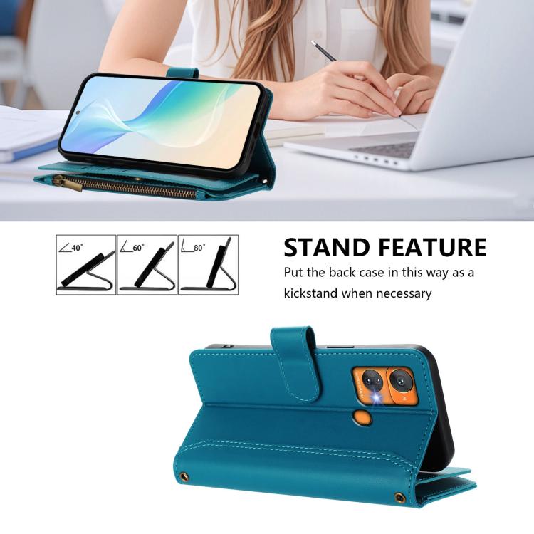 For Oukitel C33 Magnetic Closure 9 Card Slots Zipper Leather Case with Hand Strap