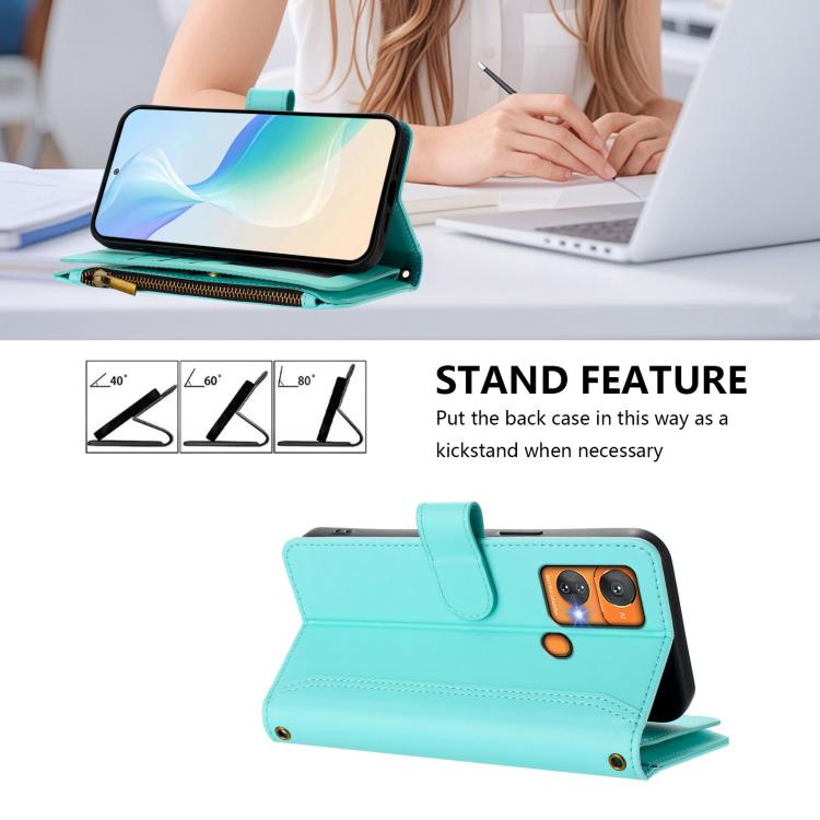 For Oukitel C33 Magnetic Closure 9 Card Slots Zipper Leather Case with Hand Strap