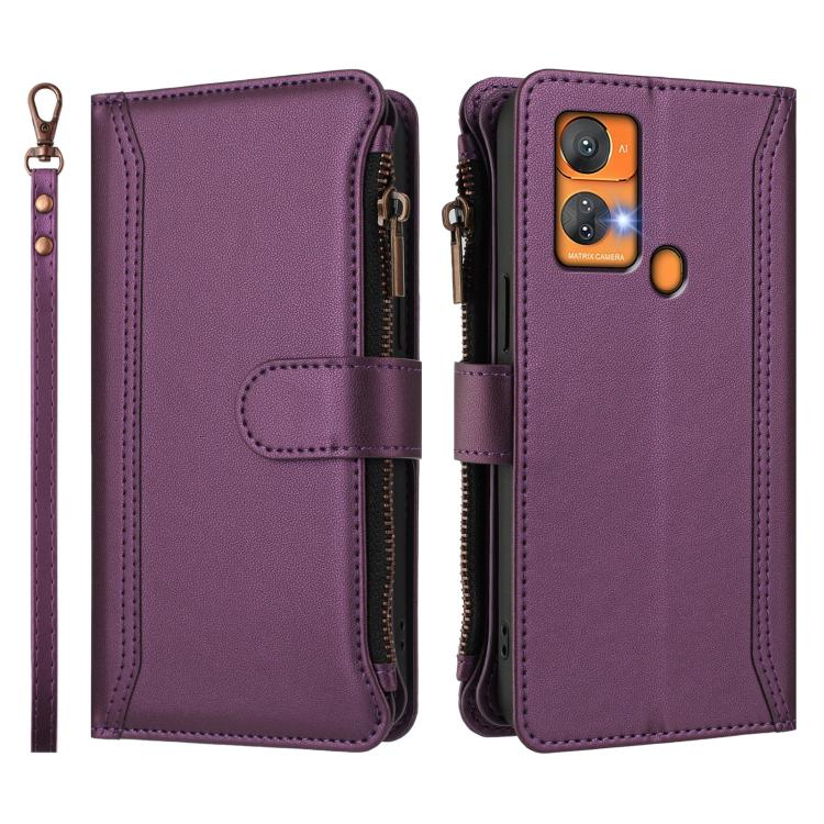 For Oukitel C33 Magnetic Closure 9 Card Slots Zipper Leather Case with Hand Strap