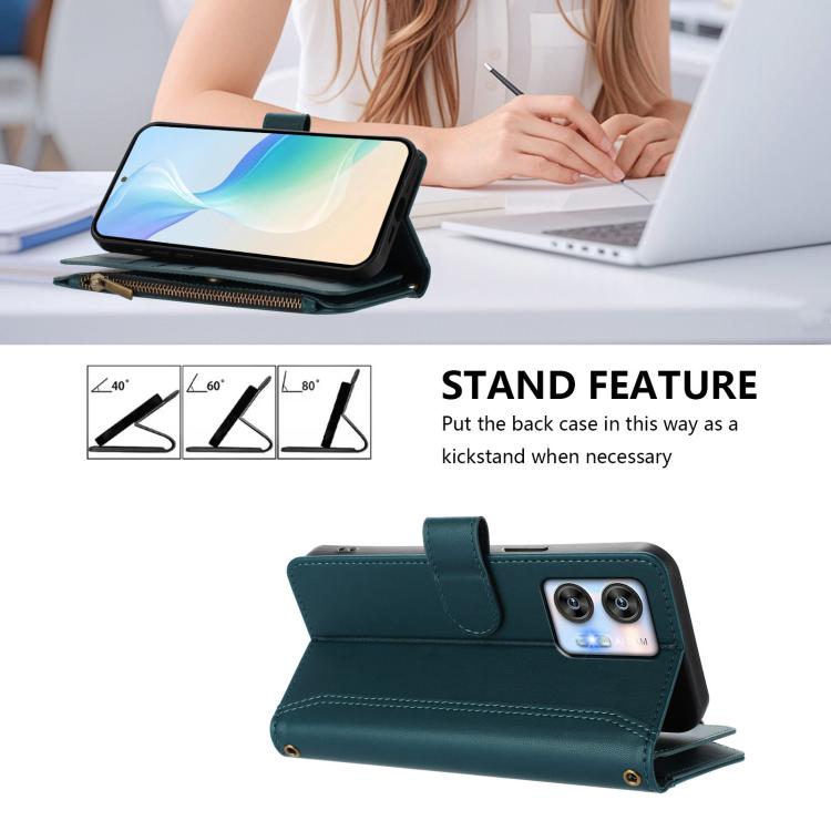 For Oukitel C35 Magnetic Closure 9 Card Slots Zipper Leather Case with Hand Strap