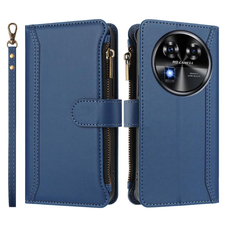 For Oukitel C37 Magnetic Closure 9 Card Slots Zipper Leather Case with Hand Strap