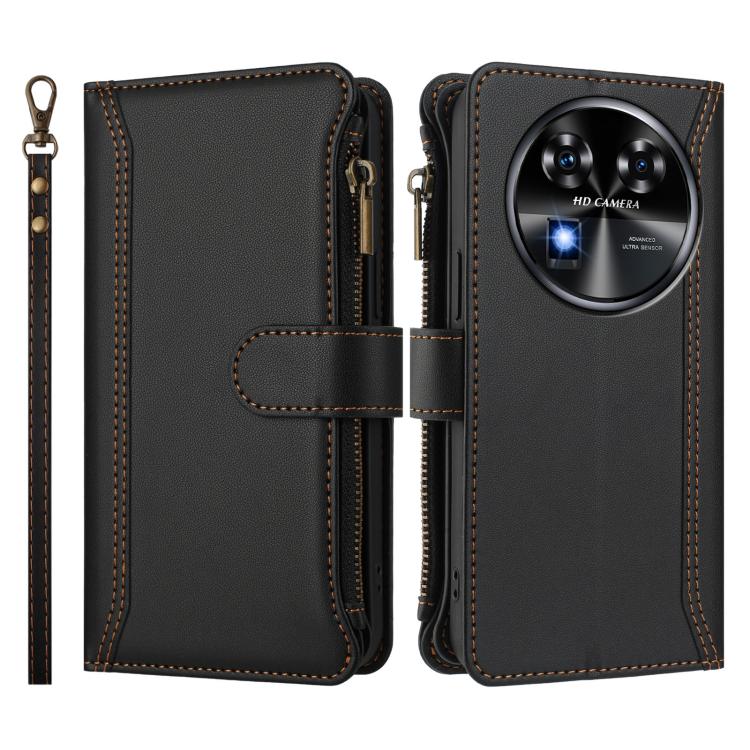 For Oukitel C37 Magnetic Closure 9 Card Slots Zipper Leather Case with Hand Strap