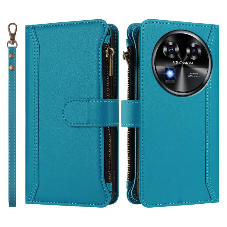 For Oukitel C37 Magnetic Closure 9 Card Slots Zipper Leather Case with Hand Strap