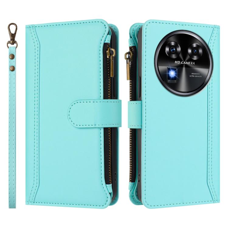 For Oukitel C37 Magnetic Closure 9 Card Slots Zipper Leather Case with Hand Strap
