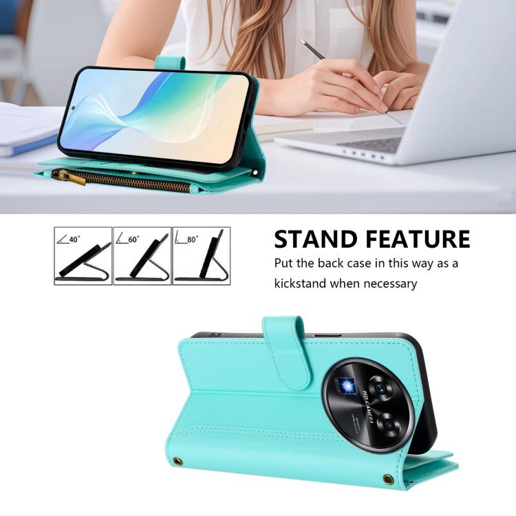 For Oukitel C37 Magnetic Closure 9 Card Slots Zipper Leather Case with Hand Strap