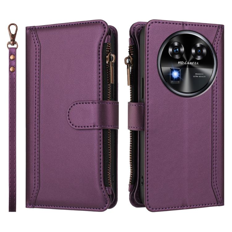 For Oukitel C37 Magnetic Closure 9 Card Slots Zipper Leather Case with Hand Strap