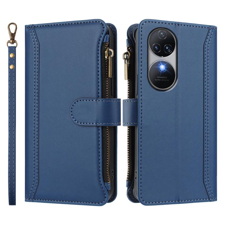For Oukitel C38 Magnetic Closure 9 Card Slots Zipper Leather Case with Hand Strap