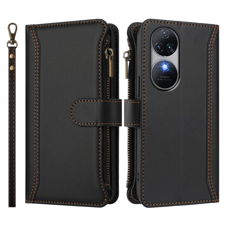 For Oukitel C38 Magnetic Closure 9 Card Slots Zipper Leather Case with Hand Strap