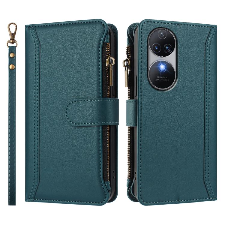For Oukitel C38 Magnetic Closure 9 Card Slots Zipper Leather Case with Hand Strap