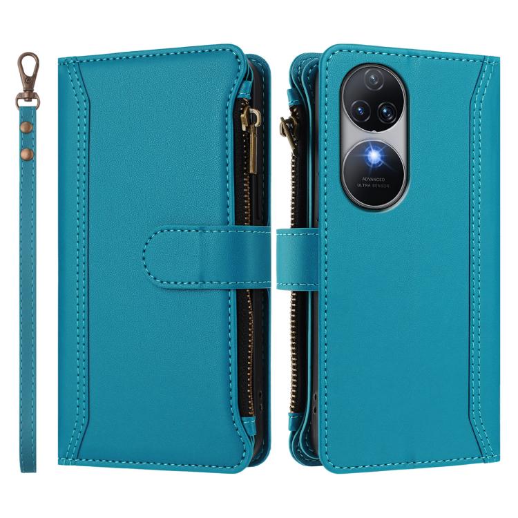 For Oukitel C38 Magnetic Closure 9 Card Slots Zipper Leather Case with Hand Strap