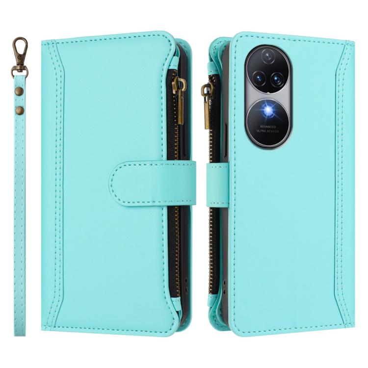 For Oukitel C38 Magnetic Closure 9 Card Slots Zipper Leather Case with Hand Strap