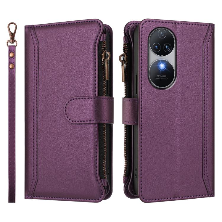 For Oukitel C38 Magnetic Closure 9 Card Slots Zipper Leather Case with Hand Strap