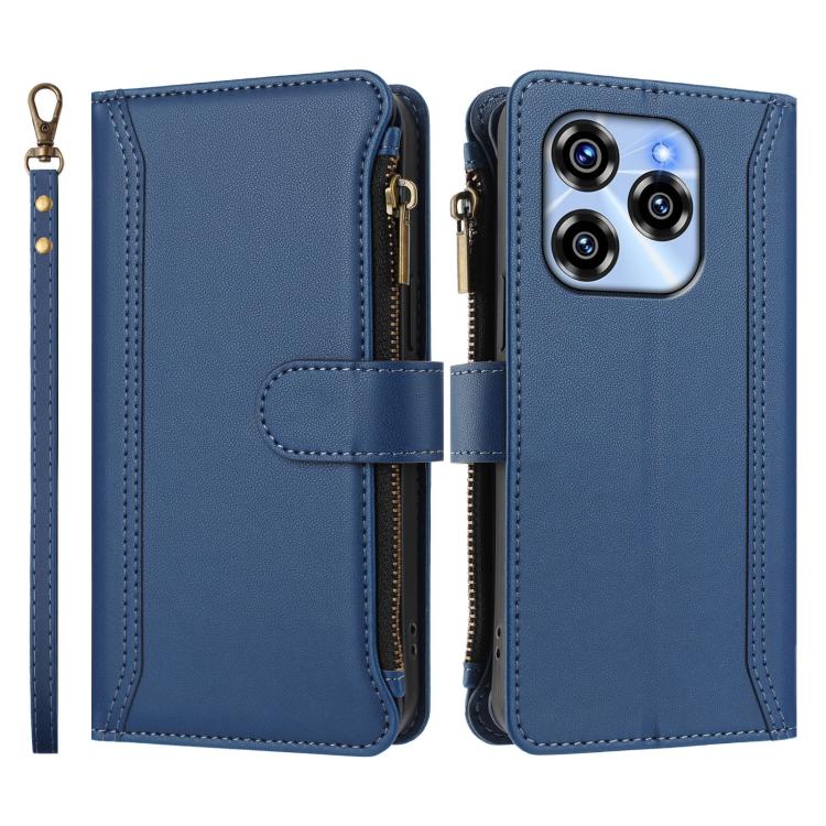 For Oukitel C50 Magnetic Closure 9 Card Slots Zipper Leather Case with Hand Strap