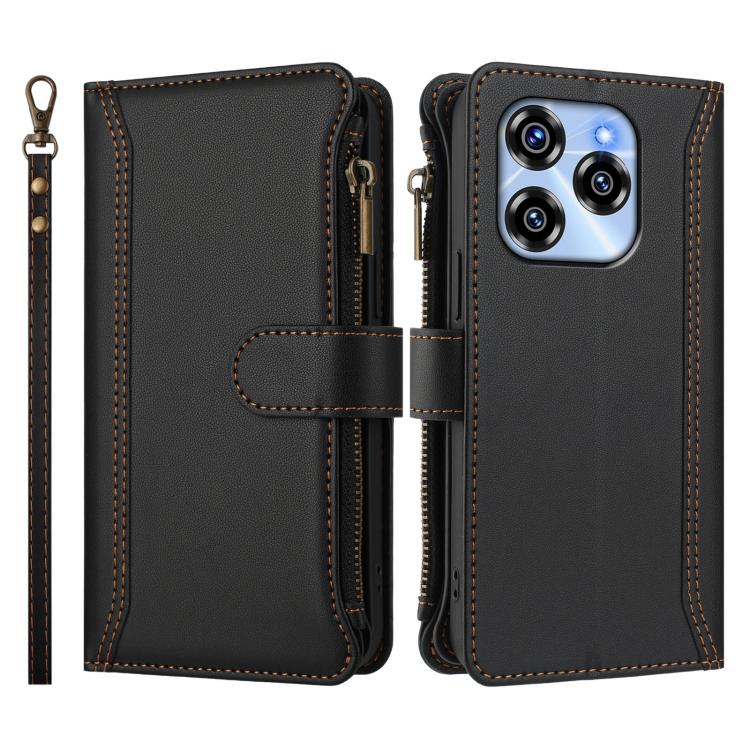 For Oukitel C50 Magnetic Closure 9 Card Slots Zipper Leather Case with Hand Strap