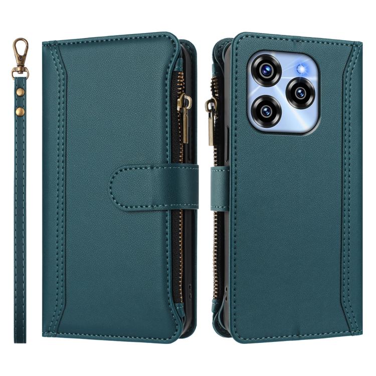 For Oukitel C50 Magnetic Closure 9 Card Slots Zipper Leather Case with Hand Strap