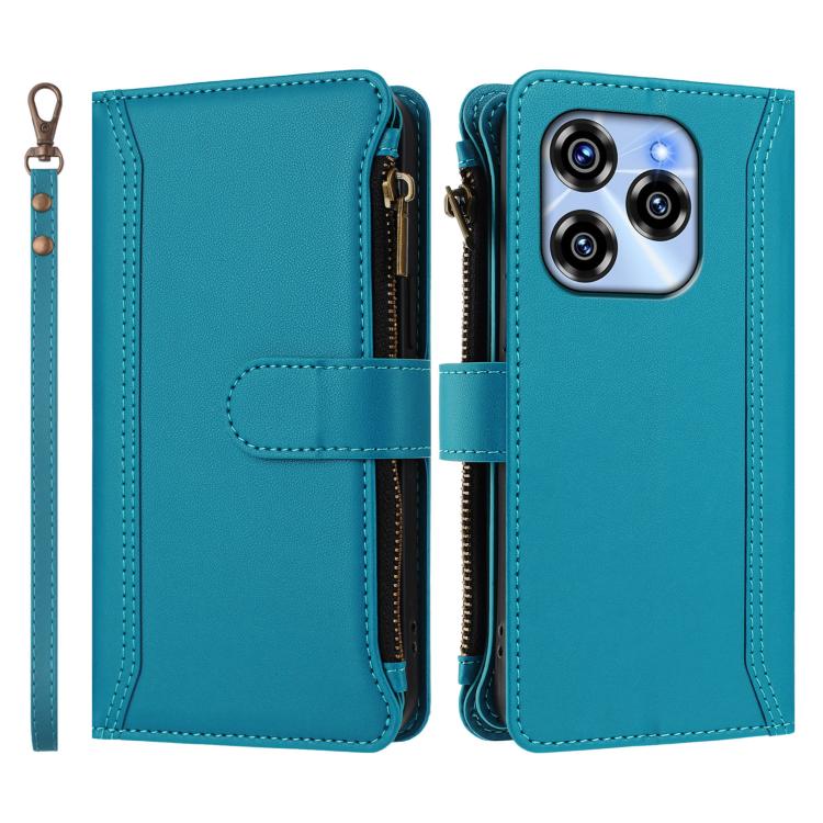 For Oukitel C50 Magnetic Closure 9 Card Slots Zipper Leather Case with Hand Strap