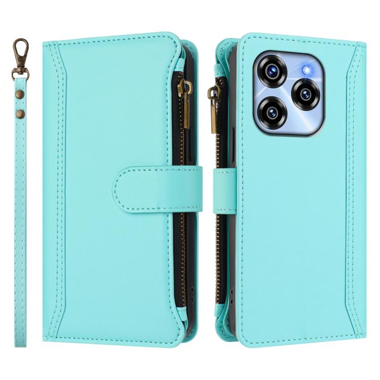 For Oukitel C50 Magnetic Closure 9 Card Slots Zipper Leather Case with Hand Strap