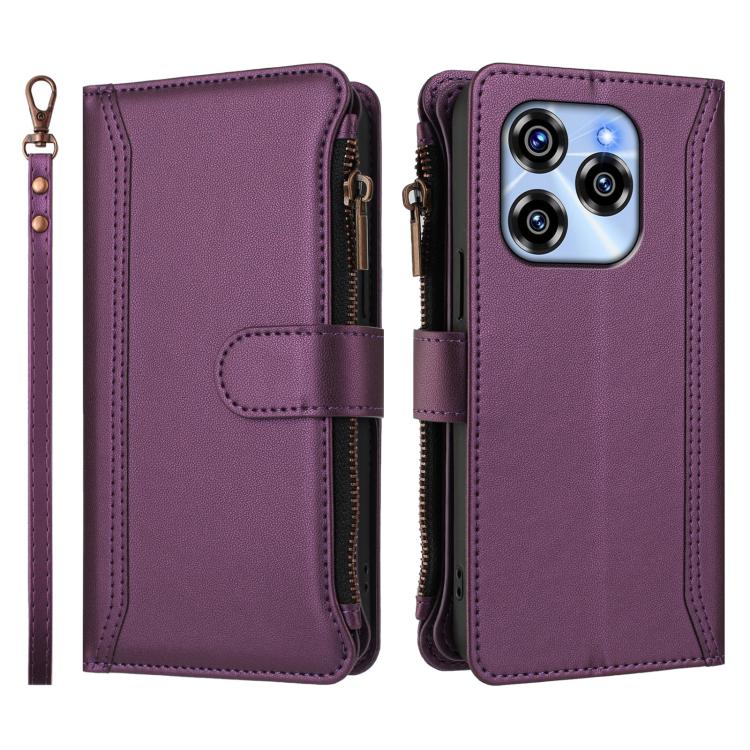 For Oukitel C50 Magnetic Closure 9 Card Slots Zipper Leather Case with Hand Strap