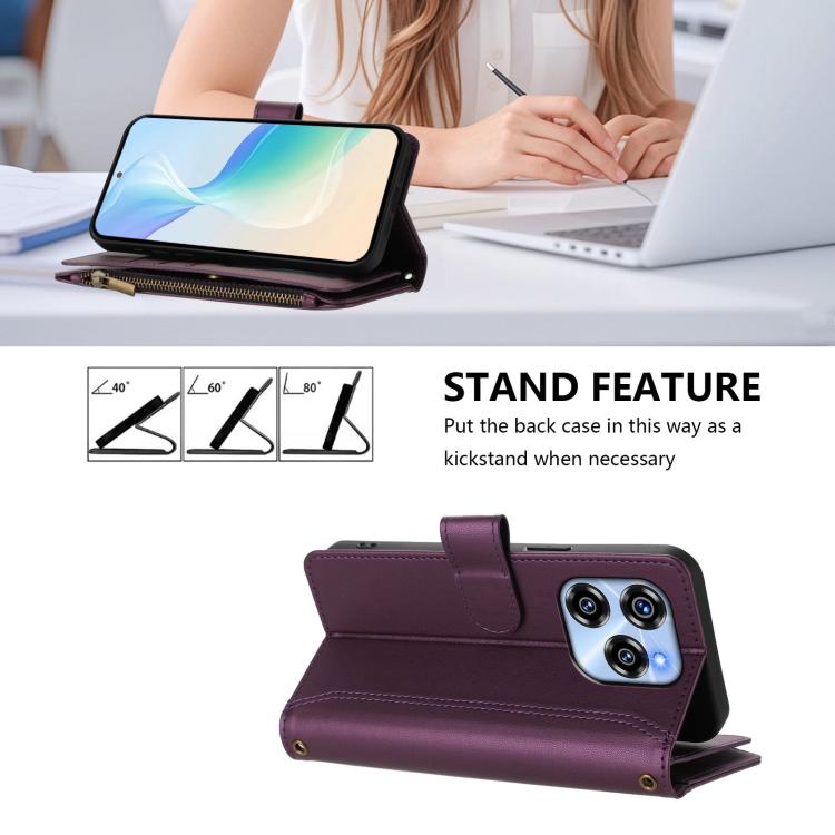 For Oukitel C50 Magnetic Closure 9 Card Slots Zipper Leather Case with Hand Strap
