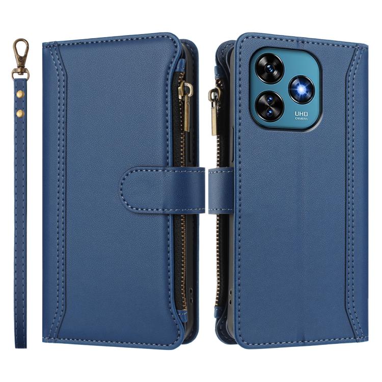 For Oukitel C51 Magnetic Closure 9 Card Slots Zipper Leather Case with Hand Strap