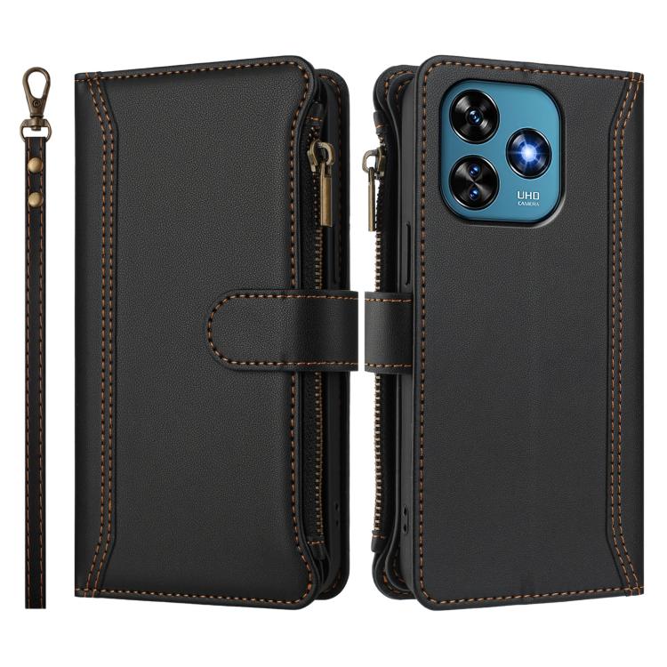 For Oukitel C51 Magnetic Closure 9 Card Slots Zipper Leather Case with Hand Strap
