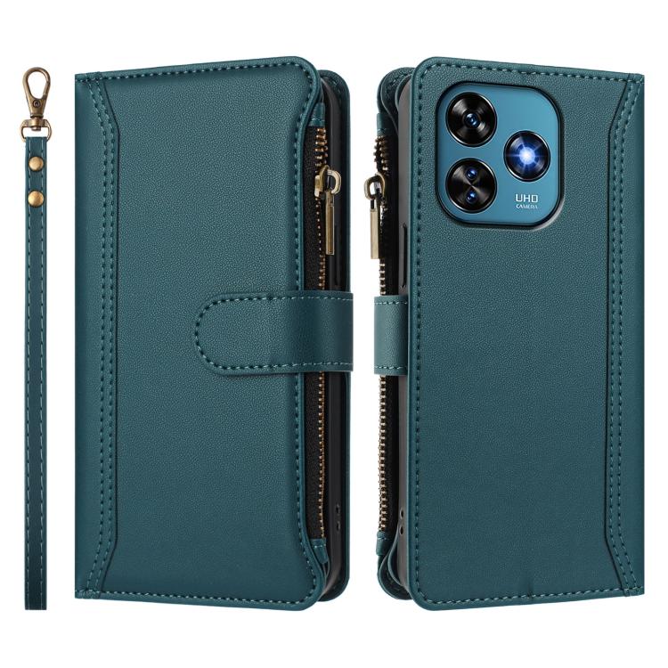 For Oukitel C51 Magnetic Closure 9 Card Slots Zipper Leather Case with Hand Strap