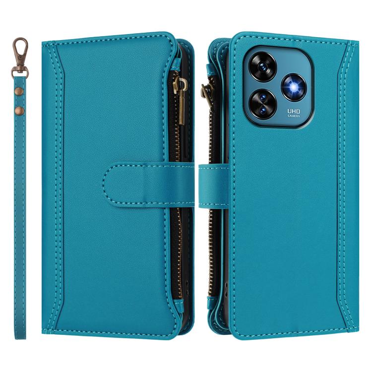 For Oukitel C51 Magnetic Closure 9 Card Slots Zipper Leather Case with Hand Strap